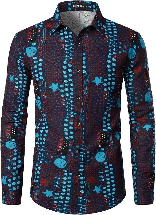 Męska Koszula Afrykańskie Wzory Długie Rękawy Elegancka Granatowa 3XL