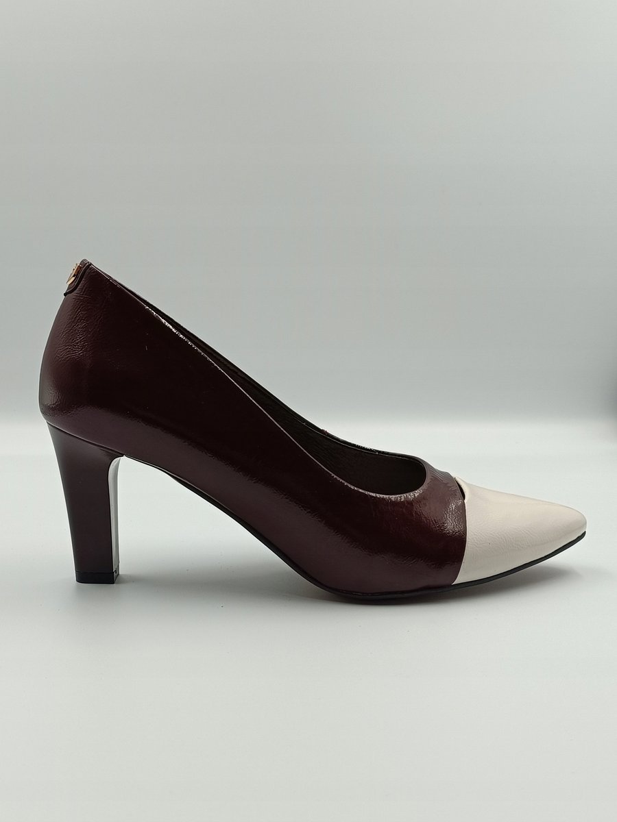 Stylowe bordowo-białe skórzane szpilki polska marka PULSO r. 40