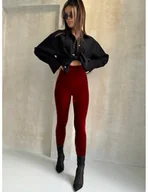 Spodnie damskie - Welurowe legginsy z marszczeniem INESA - bordowe - miniaturka - grafika 1