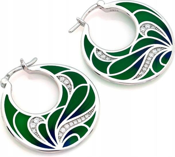 Kolczyki srebrne wiszące 925 rodowane koła zdobione zieloną emalią kółka