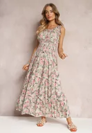 Sukienki - Miętowa Sukienka Maxi w Kwiaty z Gumką w Talii Vivienis - miniaturka - grafika 1