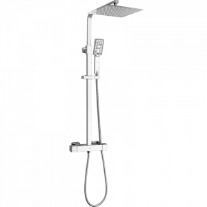 LAVEO PLQ 00TD KVADRATO Kolumna natryskowa z baterią termostatyczną Długość drążka: 740-1230 mm Wysokość: 740-1230 mm Szerokość: 270 mm Głębokość: 355 mm Wymiar słuchawki: 110x65 mm Długość węża: 1500 mm Wykończenie: chrom - Zestawy prysznicowe - miniaturka - grafika 1