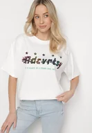 Koszulki i topy damskie - Biały Oversizowy T-shirt z Napisem z Przodu i Gwiazdami na Plecach Ilanlith - miniaturka - grafika 1