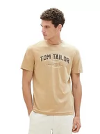 Koszulki męskie - TOM TAILOR Męski T-shirt z nadrukiem logo, 10942-Beach Sand, L - miniaturka - grafika 1