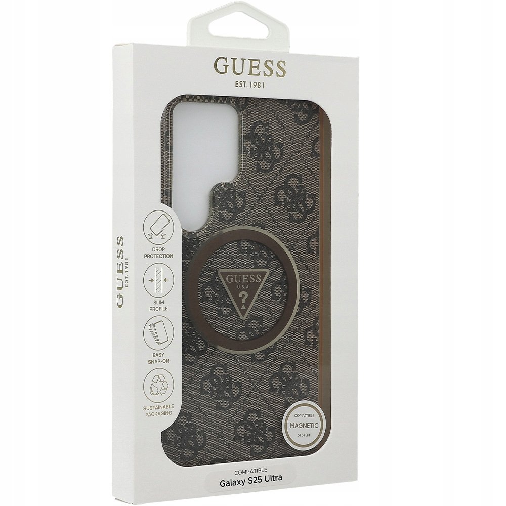 Guess Etui 4G Glitter Triangle Buttons MagSafe do Galaxy S25 Ultra, brązowe