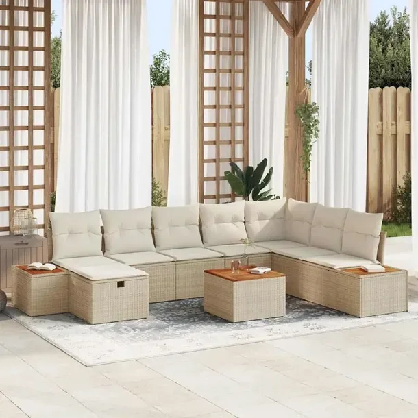 Zestaw Narożny Sofa Ogrodowa z Stolikiem i Podnóżkami, Beżowy, 9 Elemen