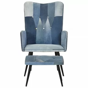 Fotel z podnóżkiem, niebieski, jeansowy patchwork Lumarko - Fotele - miniaturka - grafika 3