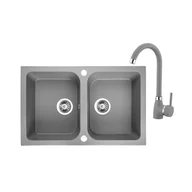 Zlewozmywaki - Laveo Celia Zlewozmywak granitowy dwukomorowy 48x76 cm szary SBCE520T - miniaturka - grafika 1