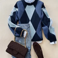 Swetry damskie - TEMU Damski Miękki Sweter - Niebieski/Biały/Czarny/Brązowy Wzór w Kratę, Blok Kolorystyczny, Okrągły Dekolt, Długi Rękaw, Ciepły Sweter na Zimę, - miniaturka - grafika 1