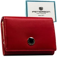Portfele - PETERSON Czerwony mały portfelik damski ze skóry naturalnej i ekologicznej portfel poziomy klasyczny na zatrzask bilon na bigiel złote okucia elegan.. - miniaturka - grafika 1