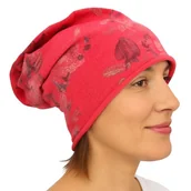 Czapki damskie - Czapka damska Beanie włoska cienka smerfetka różowa kwiatowa - miniaturka - grafika 1