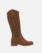 Botki damskie - Brązowe kozaki damskie ażurowe zamszowe - Venezia - miniaturka - grafika 1