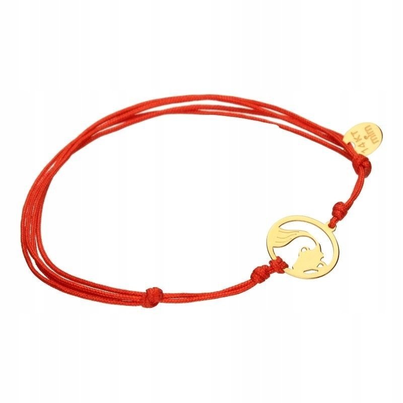 Złota bransoletka 14KT czerwony sznurek z regulacją znak zodiaku wodnik 14K