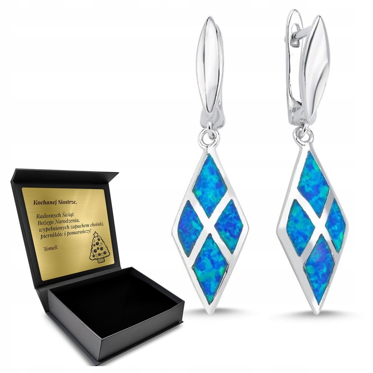 Kolczyki Srebrne Romb Z Niebieskim Kamieniem Opalem Subtelne Z Grawerem