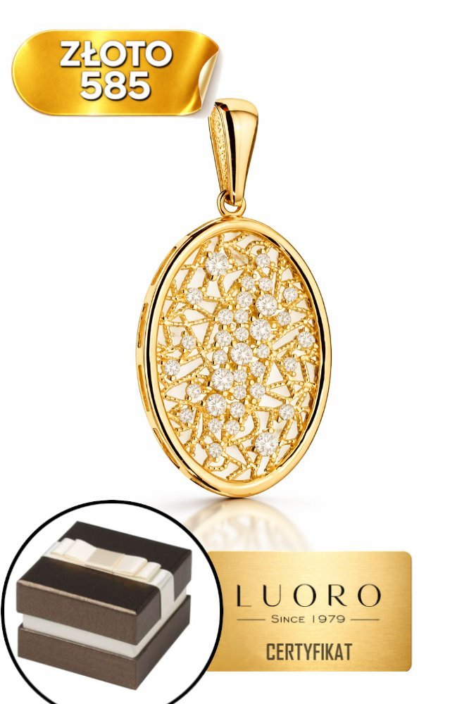 ZAWIESZKA ZŁOTA 585 14K AŻUROWY OWAL Z CYRKONIAMI 3,3 CM ELEGANCKA