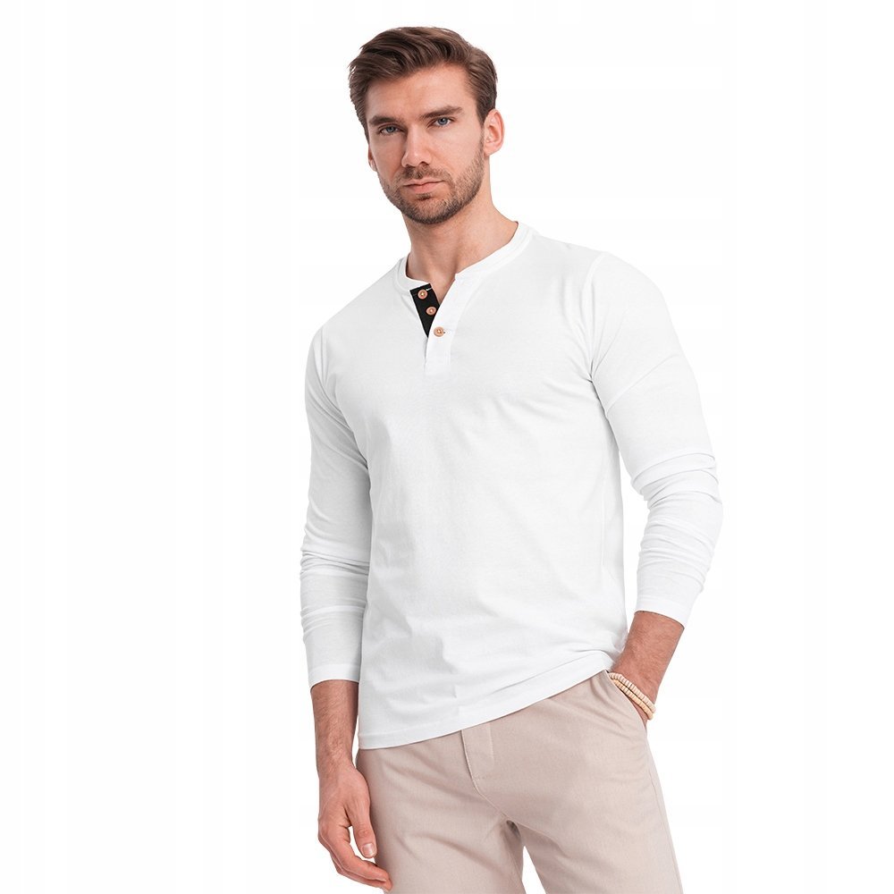 Koszulka męska longsleeve dekolt guziki bawełna biały V10 OM-LSCL-0107 XL