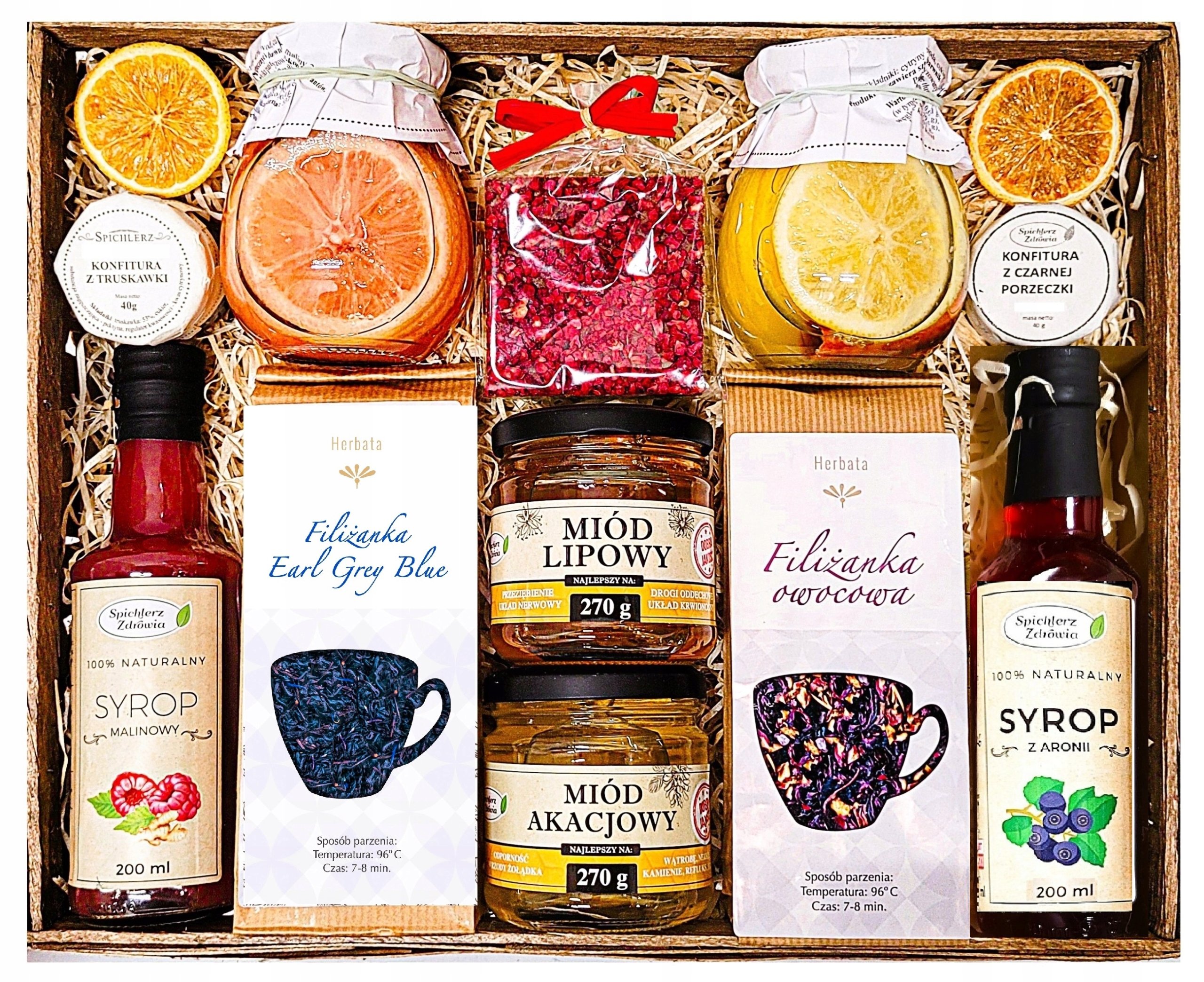 Duży Kosz Prezentowy Upominek Herbata Miód Czekolada Syrop Malina