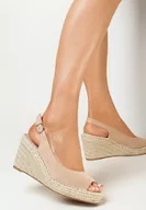 Sandały damskie - Ciemnobeżowe Sandały na Koturnie z Plecionki ze Sprzączką Lyana - miniaturka - grafika 1