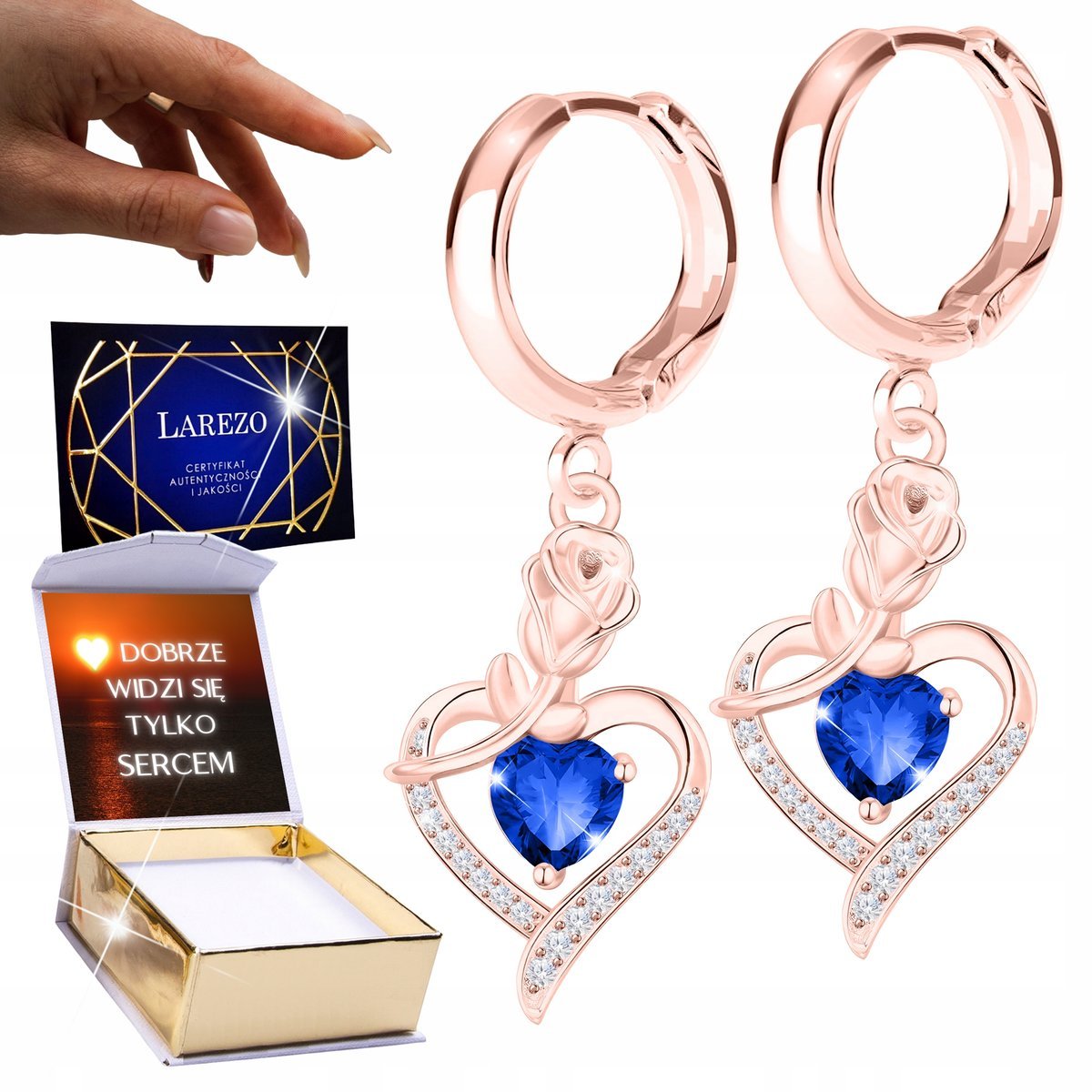 Różowe Kolczyki 925 Czerwone Serca Róże Serduszka z Różą Tulipan NADRUK