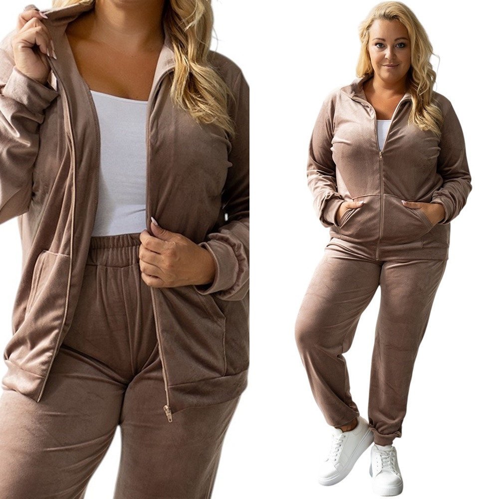 Damski Dres Komplet welurowy bez kaptura 772 [Kolor Beż, Rozmiar 4XL/5XL]