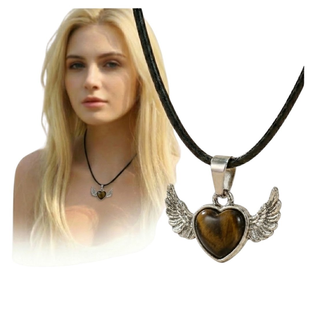 Naszyjnik Tygrysie Oko Serce ze Skrzydłami Stylowy Amulet