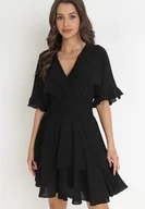 Sukienki - Czarna Sukienka Mini z Gumką w Pasie i Falbankami Edeane - miniaturka - grafika 1