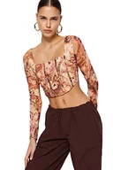 Bluzki damskie - Trendyol Damska bluzka z dzianiny o regularnym kroju z okrągłym dekoltem, pomarańczowy, XS - miniaturka - grafika 1