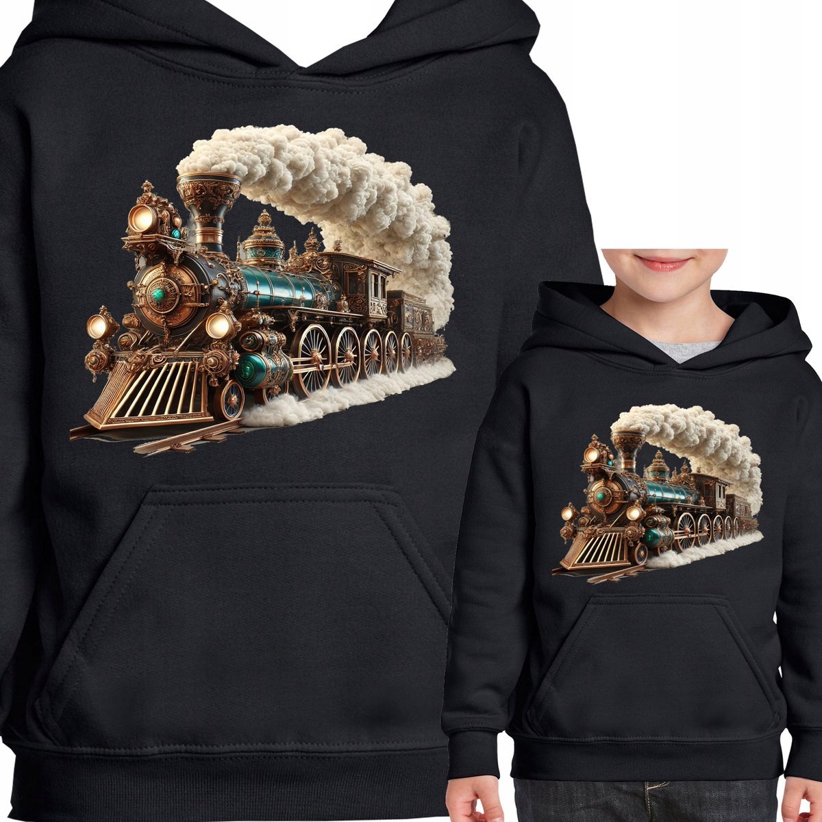 BLUZA DZIECIĘCA Z KAPTUREM NADRUK POCIĄG PAROWÓZ LOKOMOTYWA 128 3409