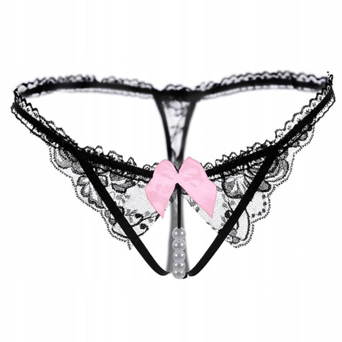 Stringi koronkowe czarne paseczki perełki - S/M