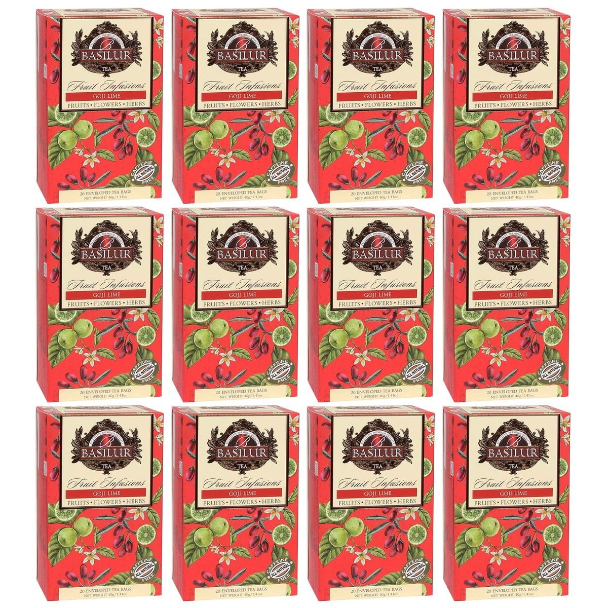 BASILUR Fruit Infusions - Owocowa herbata bezkofeinowa z naturalnym aromatem goji, limonki i cytrusów, w saszetkach 20 x 2 g x12