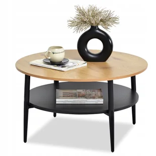 Stolik Kawowy Dębowy Okragły Fi 80CM Z Dolnym Blatem Czarny Renne Do Salonu - Ławy i stoliki kawowe - miniaturka - grafika 1