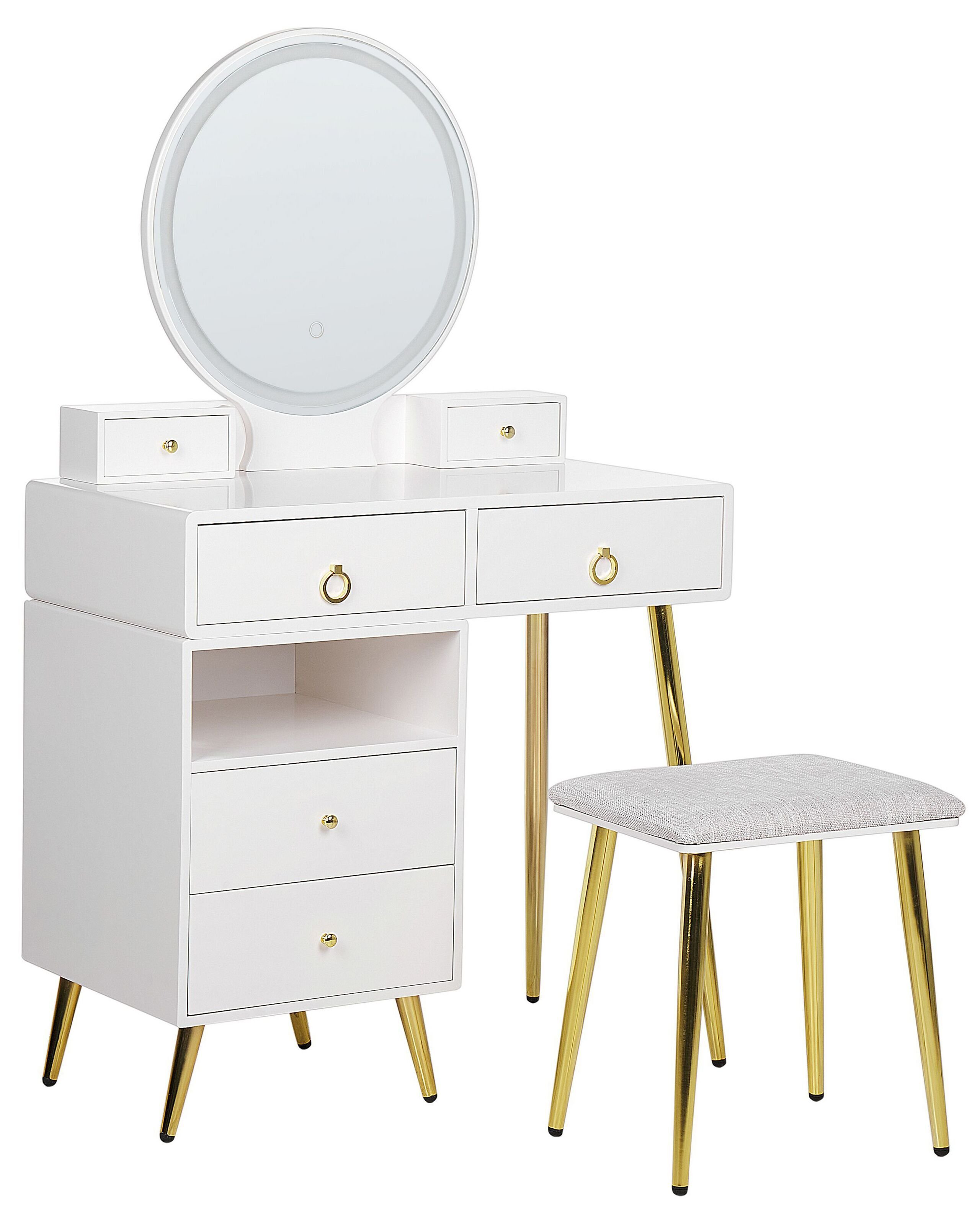 BELIANI Toaletka biało-złota MDF 6 szuflad okrągłe lustro LED ze stołkiem styl glam do sypialni
