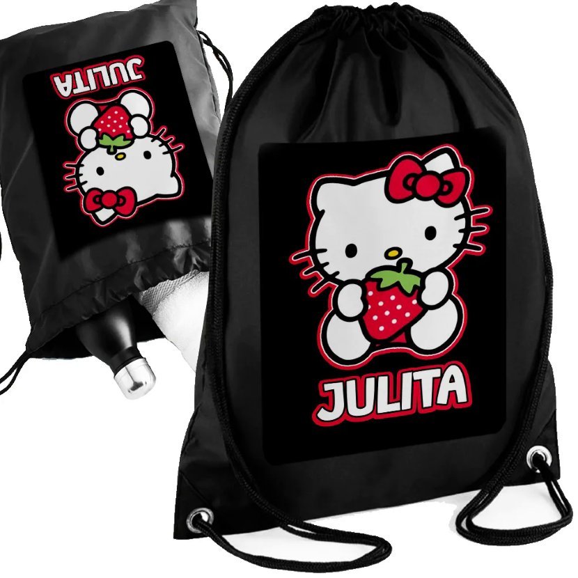 Personalizowany Czarny Worko-Plecak - HELLO KITTY Twoje Imię Nadruk Prezent