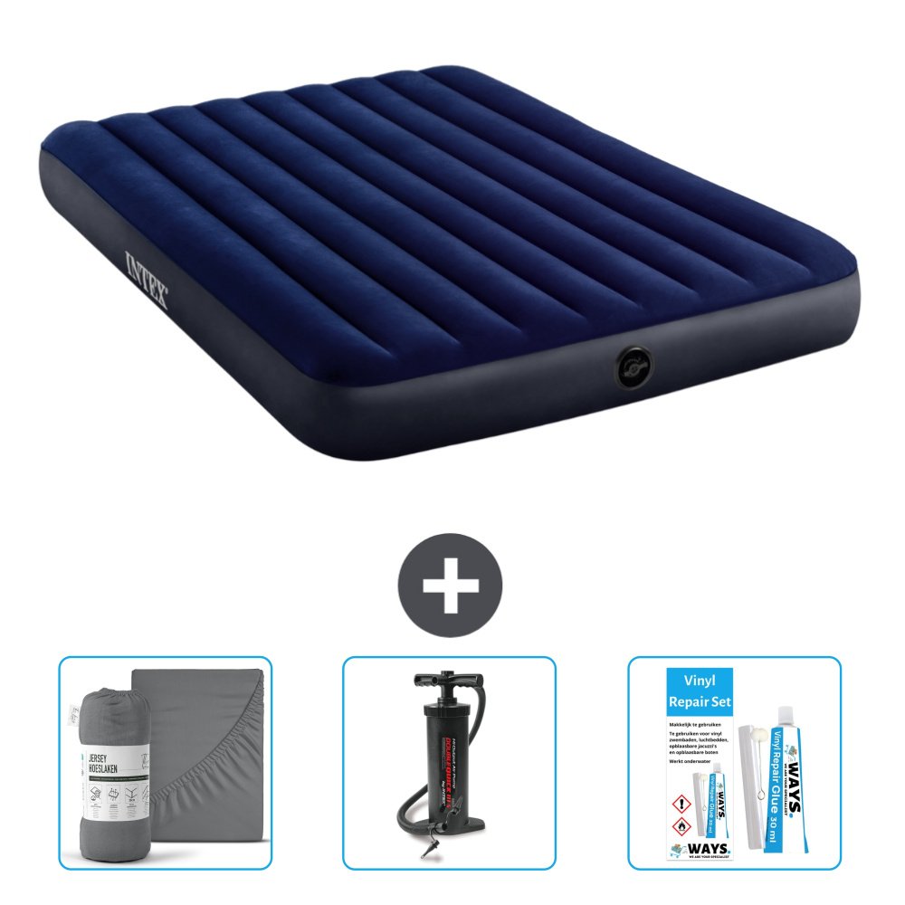 Dmuchane łóżko Intex - 2 osoby - 152 x 203 x 25 cm - niebieskie - w zestawie prześcieradło - pompka i zestaw naprawczy