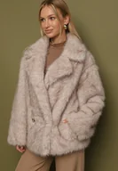 Kurtki damskie - Beżowa Dwurzędowa Kurtka Futerko o Fasonie Oversize Asinella - miniaturka - grafika 1