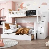 Łóżka dla dzieci i młodzieży - Łóżko piętrowe Merax 90x200/140x200cm ze schodami i deską, łóżko na poddaszu z zabezpieczeniem przed wypadnięciem i szufladami, łóżko dziecięce z litego drewna z ramą z listew, białe - miniaturka - grafika 1