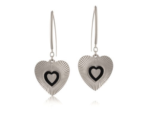 COLIBRA Srebrne Kolczyki ryflowane serca z mniejszym serduszkiem w środku, z czarną obramówką (P24/WIO/72/2AG)