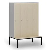 Szafy biurowe - Drewniana szafa ubraniowa z ławką, 4-drzwiowa, 1871 x 1200 x 500/800 mm, zamek cylindryczny, szary/brzoza - miniaturka - grafika 1