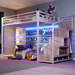 Łóżko piętrowe 140 x 200 cm z kratką, drabinką i otwartą szafą - diody LED - metal i płyta MDF - białe (bez materaca) - Łóżka dla dzieci i młodzieży Łóżko piętrowe 140 x 200 cm z kratką, drabinką i otwartą szafą - diody LED - metal i płyta MDF - białe (bez materaca) - Łóżka dla dzieci i młodzieży - miniaturka - grafika 1