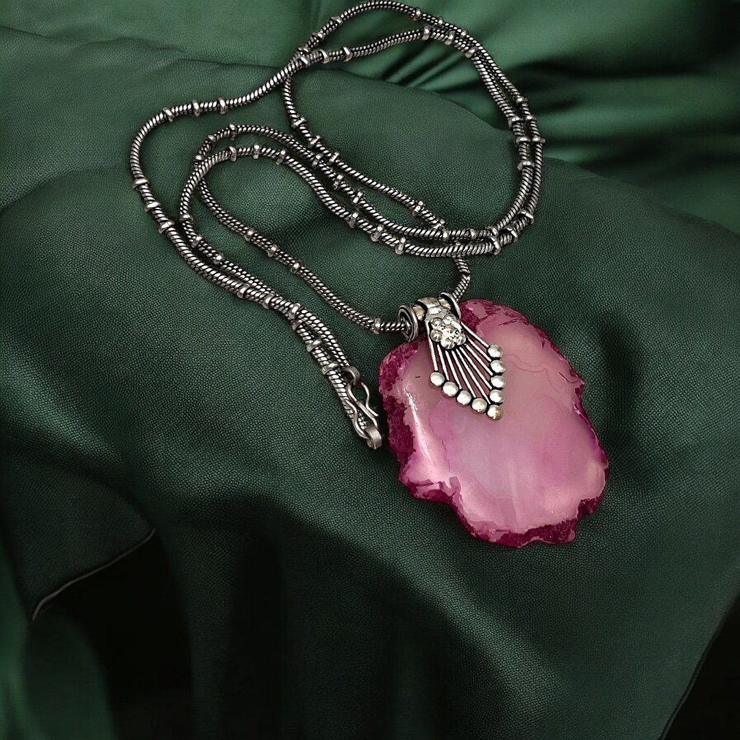 Naszyjnik z agatem wisiorek etniczny orient boho Indie srebro tybetańskie