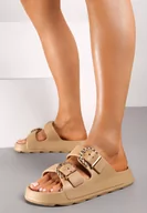 Klapki i japonki damskie - Ciemnobeżowe Płaskie Klapki z Regulowanymi Paskami i Klamrami Missami - miniaturka - grafika 1