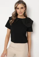 Koszulki i topy damskie - Czarny Bawełniany T-shirt z Materiałową Aplikacją 3D Jolilena - miniaturka - grafika 1