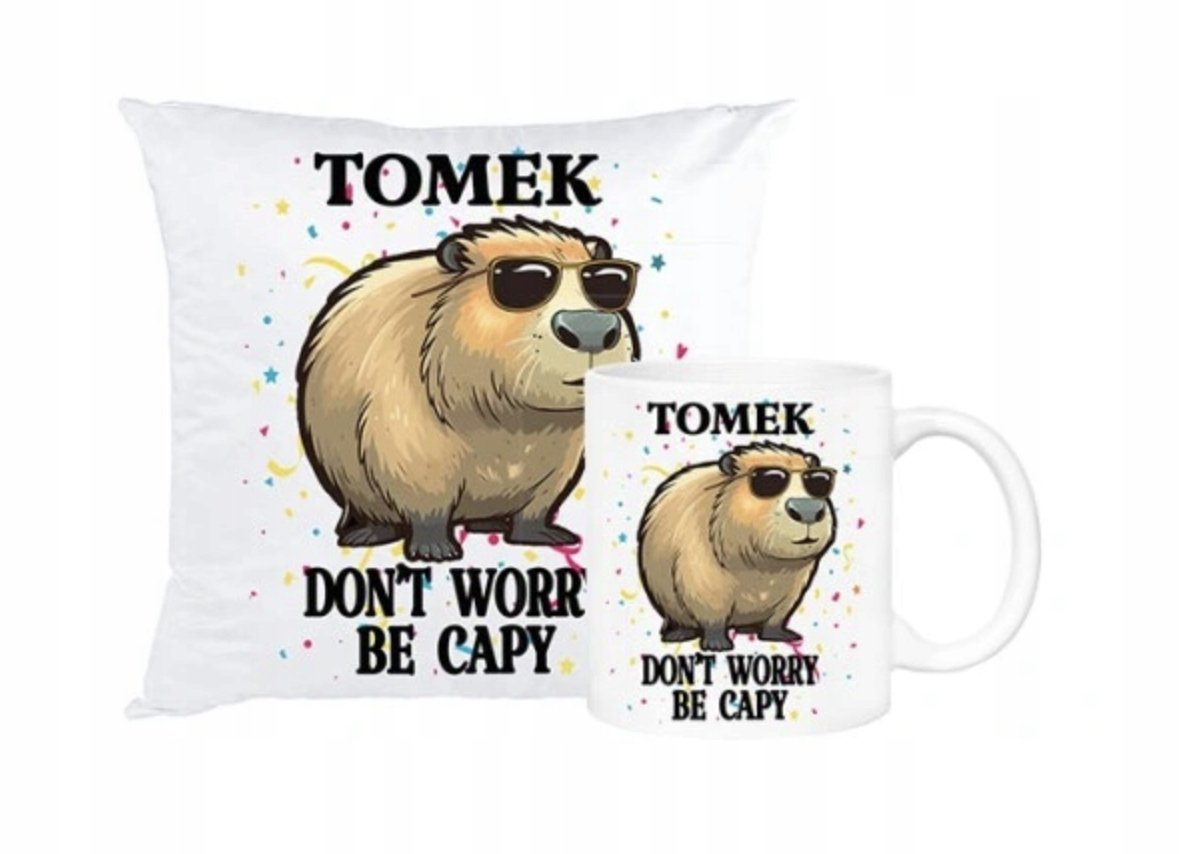 ZESTAW PODUSZKA + KUBEK Prezent KAPIBARA CAPYBARA URODZINY + IMIĘ 2
