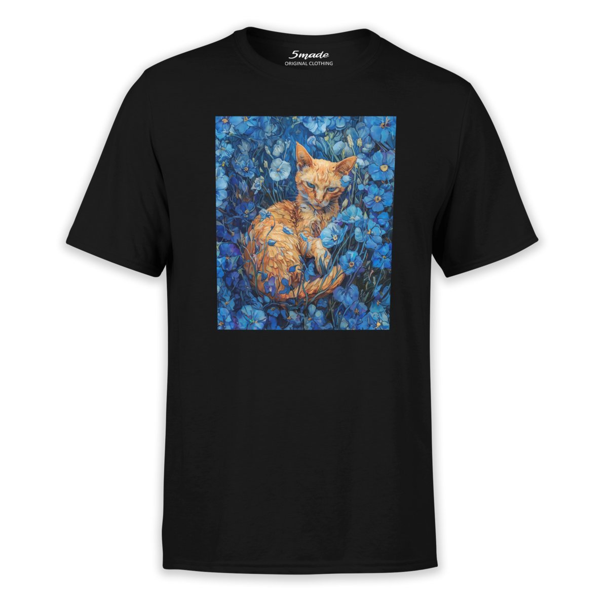 Koszulka z nadrukiem kotka w błękitnych kwiatach L 5made