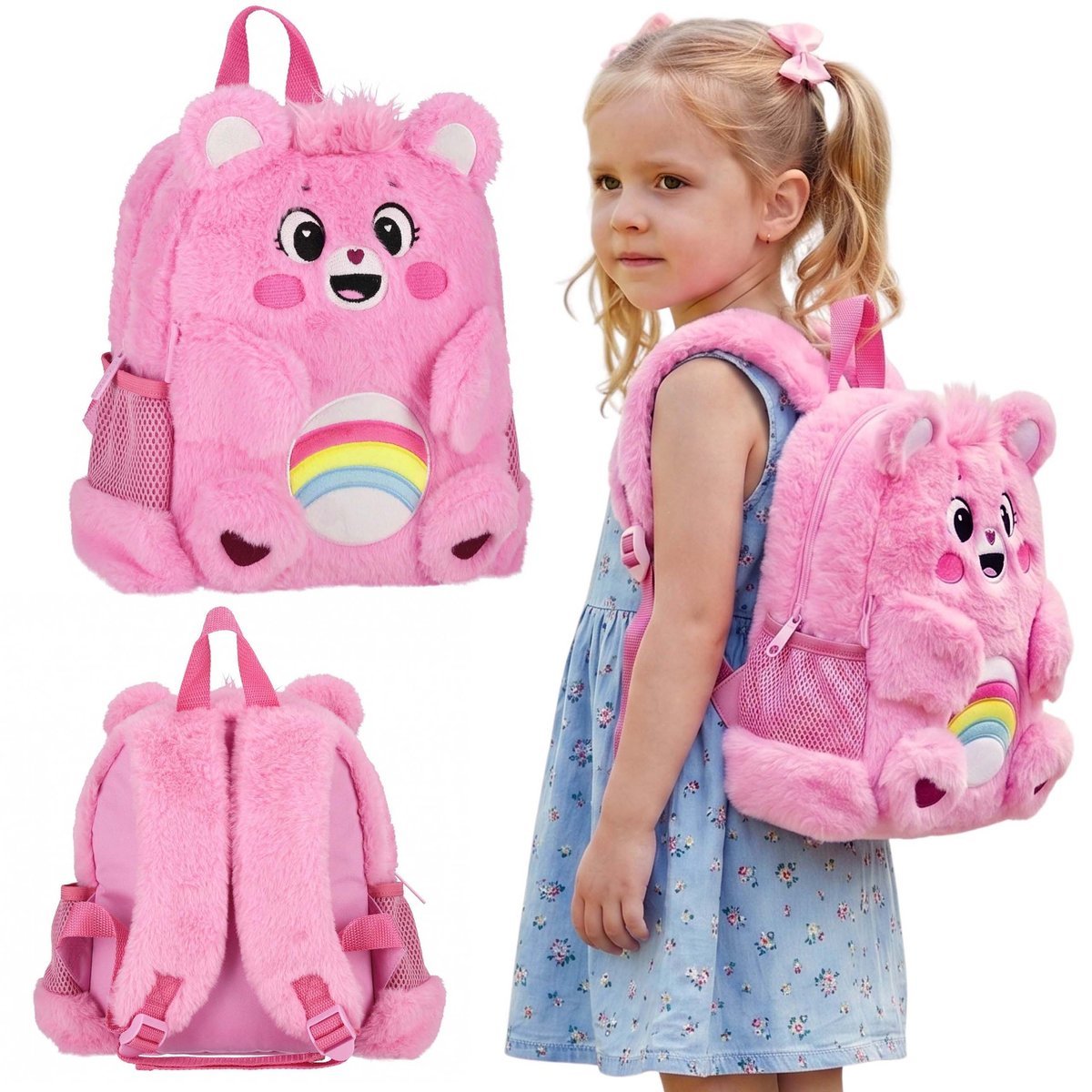 Care Bears Pluszowy, różowy plecak dla dziewczynki, MAŁY plecak przedszkolny WYCIECZKOWY 5 L