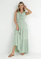 Sukienki - Miętowa Sukienka Maxi z Marszczoną Gumką w Pasie i Wiązaniem na Plecach Vaida - miniaturka - grafika 1