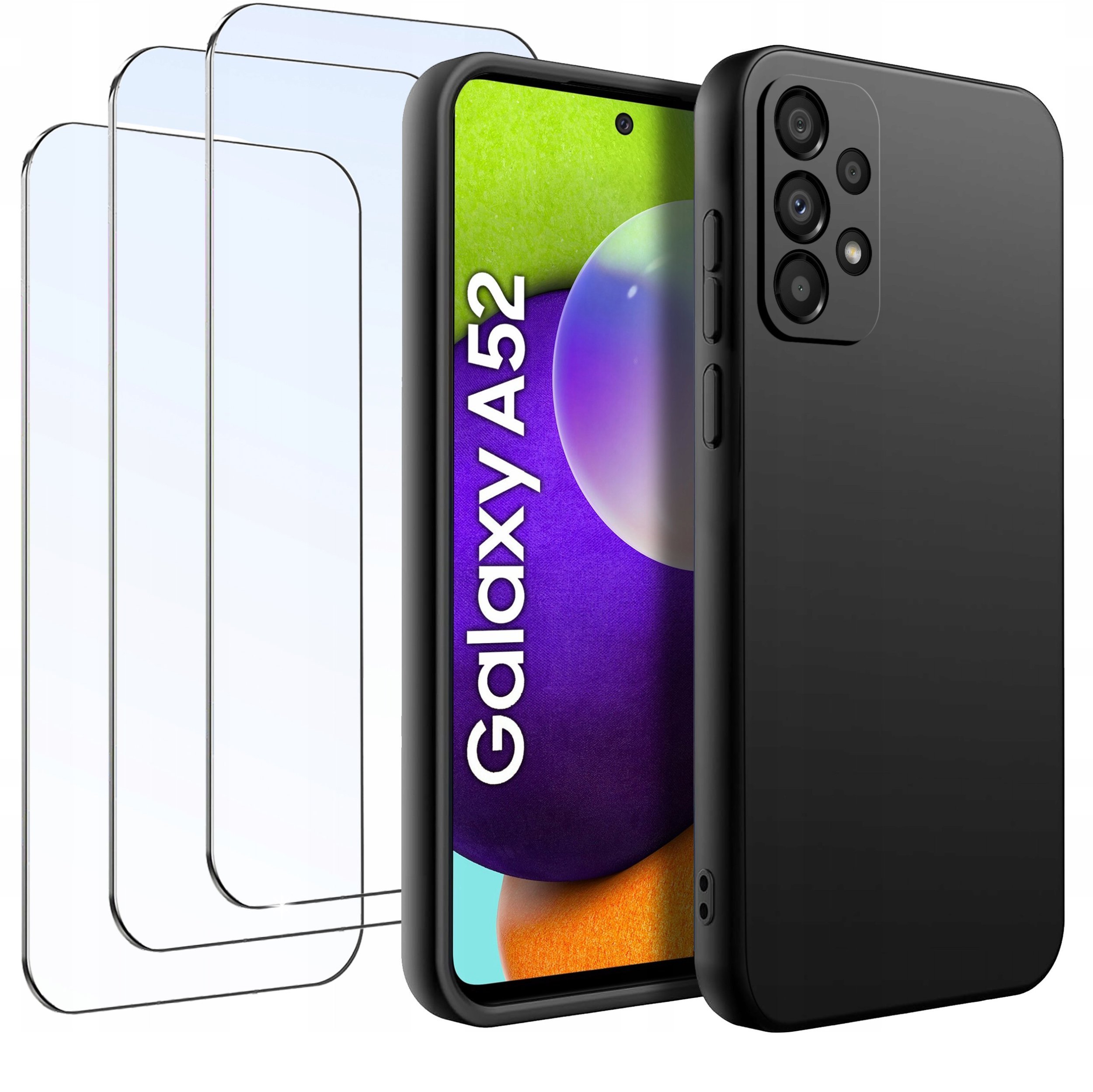 ZESTAW Etui do Samsung A52 5G Matowe Czarne Silikon Slim + 3 SZTUKI SZKŁO