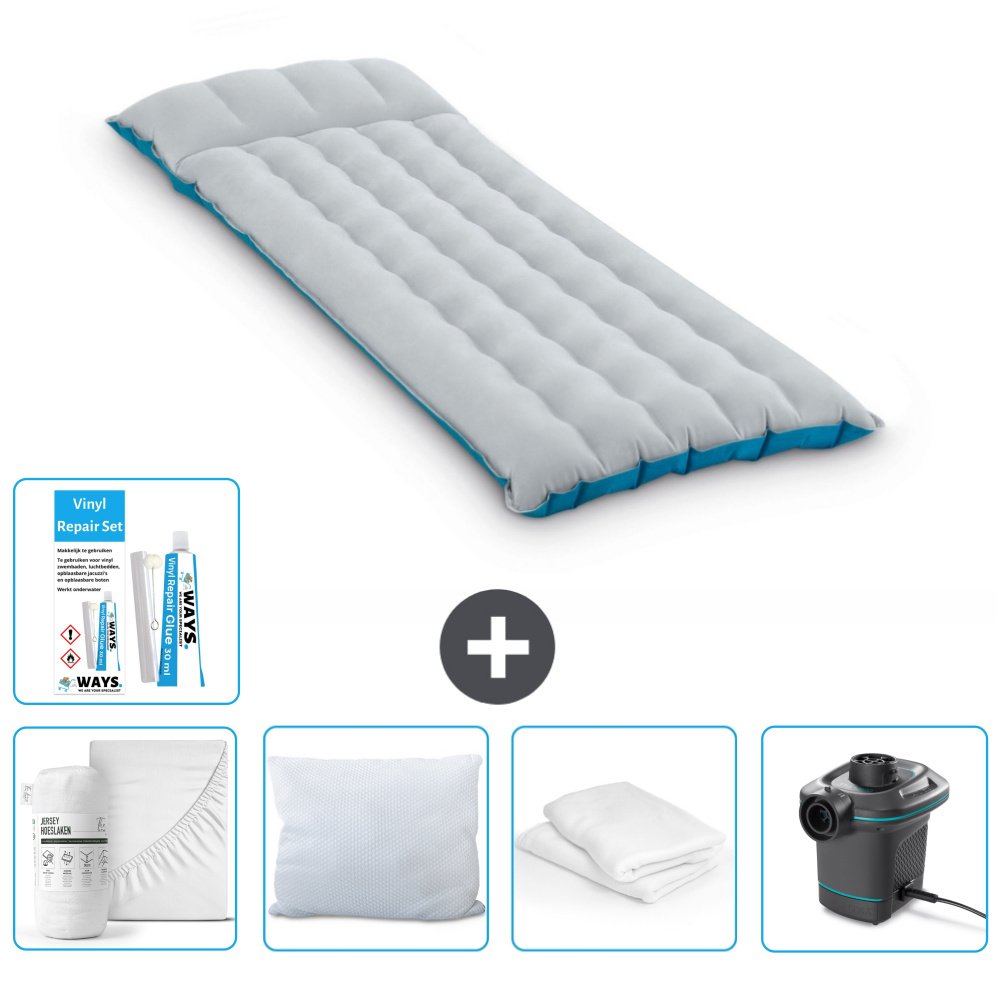 Mata kempingowa Intex - 1 osoba - 67 x 184 x 17 cm - niebieska - zawiera prześcieradło - pocałunek - pompkę - zestaw naprawczy i ochraniacz na poduszkę