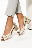 Czółenka - Złote czółenka skórzane damskie z kokardą na niskim ozdobnym obcasie PRODUKT POLSKI Casu 2798-36 - miniaturka - grafika 1