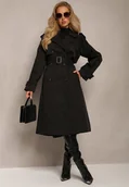 Płaszcze damskie - Czarny Płaszcz Trencz Dwurzędowy z Paskiem Lene - miniaturka - grafika 1